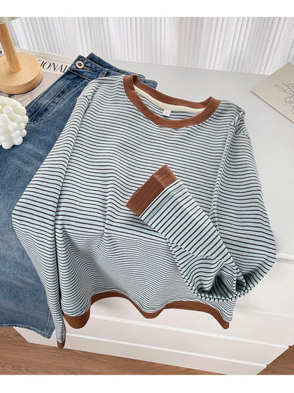 Spring New Style Color Block Long Sleeve round Neck Base Shirt Women's Retro Striped T-Shirt Asymmetrical Hemline Casual Cotton