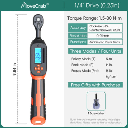 MOVECRAB Digital Torque Wrench 0.6-340N.m 2% Accuracy Preset & LED/Buzzer Alerts for Bike Motorcycles Automotive Mechanical Tool