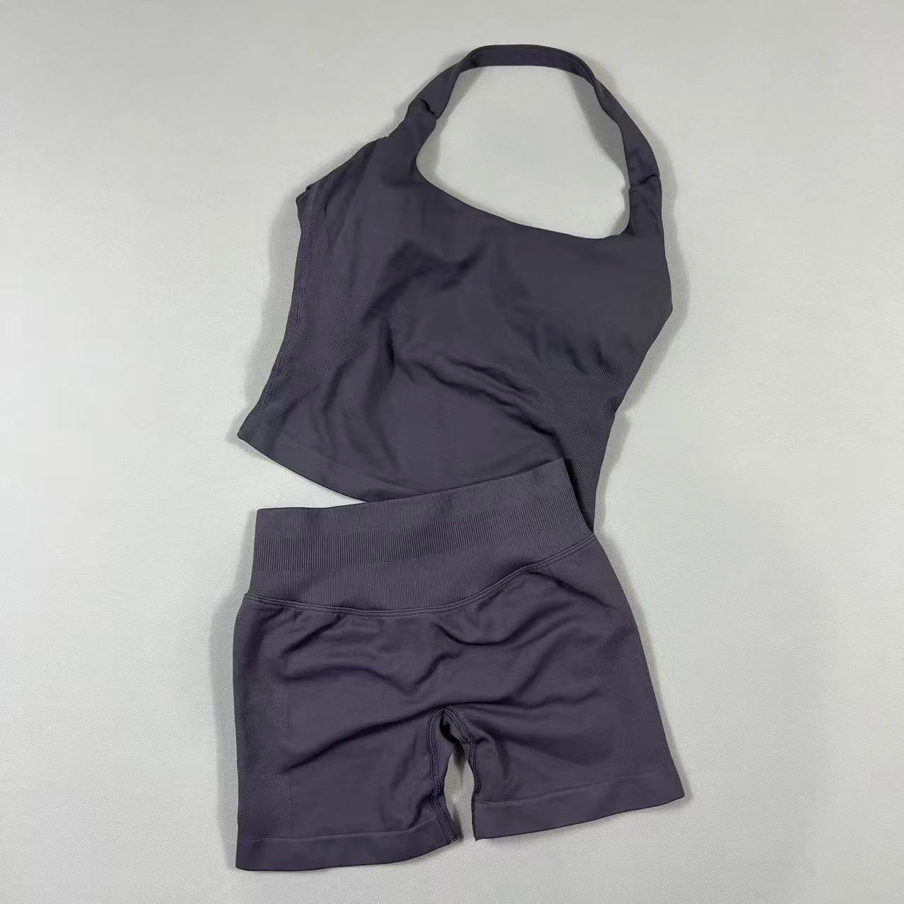 Women's Halter Neck Backless Yoga Set Seamless 2-Piece Outfit Ribbed High-Waist Scrunch Shorts Butt Lifting Gym Pilates Fitness