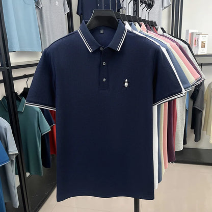 Brand striped men's polo shirt short sleeved penguin print top summer 100% cotton comfortable breathable casual lapel T-shirt