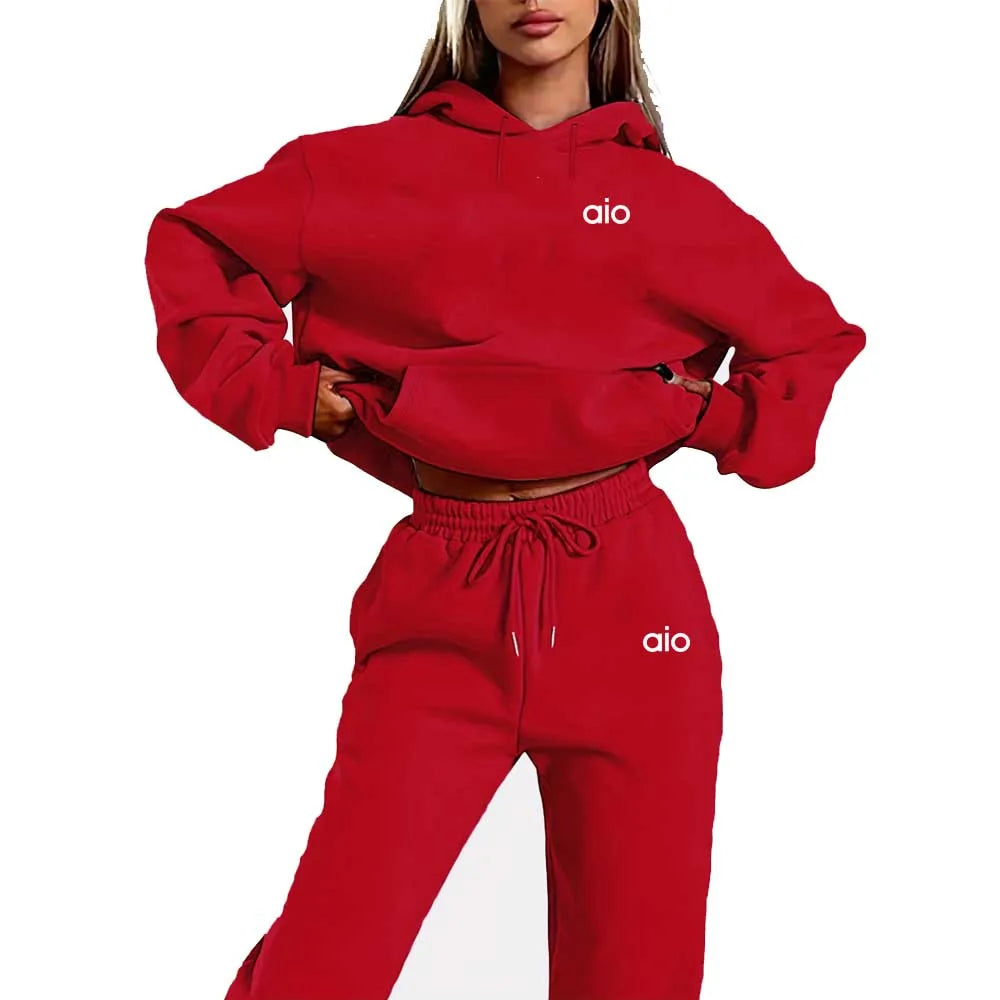 Autumn and Winter Fashion Print Two-Piece Set: Elegant Lounge Sweater with Long Sleeves and Fleece Lining, Plus Drawstring Joggi
