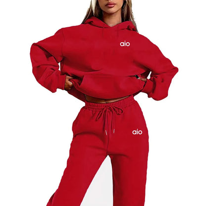 Autumn and Winter Fashion Print Two-Piece Set: Elegant Lounge Sweater with Long Sleeves and Fleece Lining, Plus Drawstring Joggi