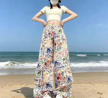 Y2K Cartoon Graffiti Wide Leg Pants - Colorful Print Drawstring High Waist Loose Streetwear Trousers for Women
