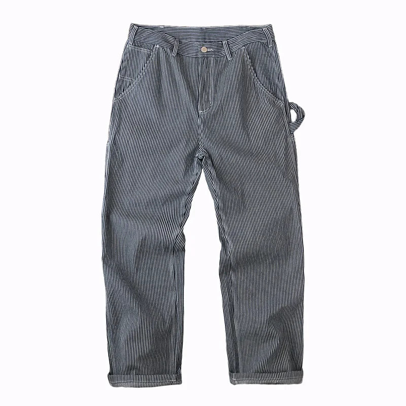 Retro American Outdoor Cotton Workwear Pants Men's Loose Straight Leg Stripe Jeans Casual Fashion Urban Style mid Waist Zippe...