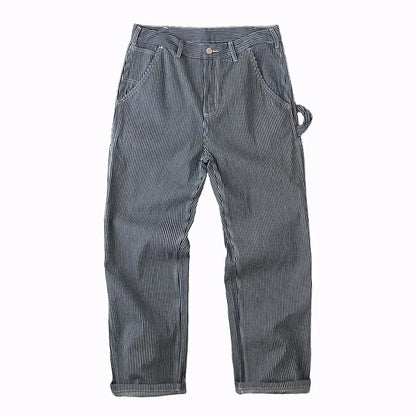 Retro American Outdoor Cotton Workwear Pants Men's Loose Straight Leg Stripe Jeans Casual Fashion Urban Style mid Waist Zippe...