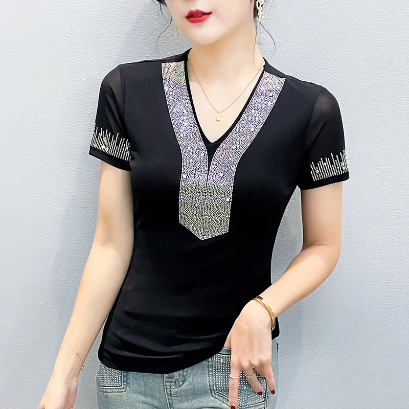 2026 Summer Women Tops New Korean Fashion Diamond Mesh T Shirt V-neck Short Sleeved Patchwork Lace Shirt