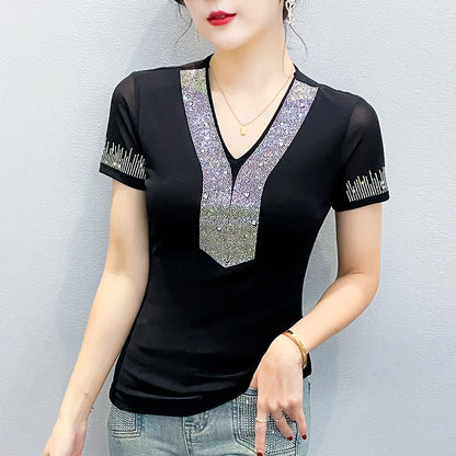 2026 Summer Women Tops New Korean Fashion Diamond Mesh T Shirt V-neck Short Sleeved Patchwork Lace Shirt