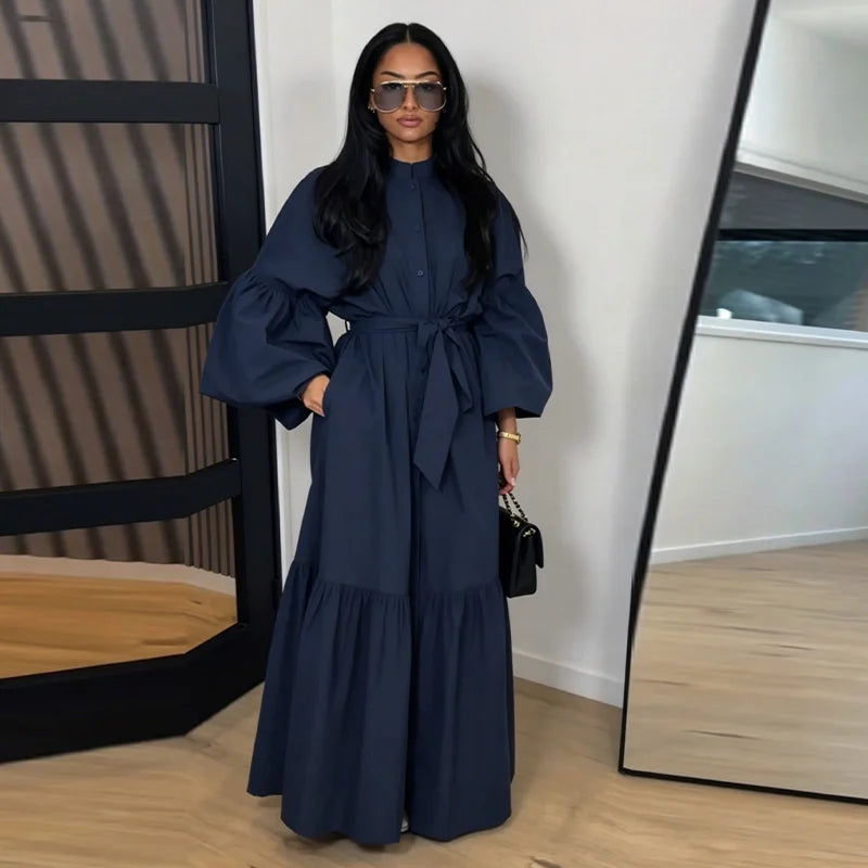 Casual Women Dress Belt Cinched Waist Long Sleeve High Collar Solid Single Breasted Female Dress Chic Lady Commute Summer 2026