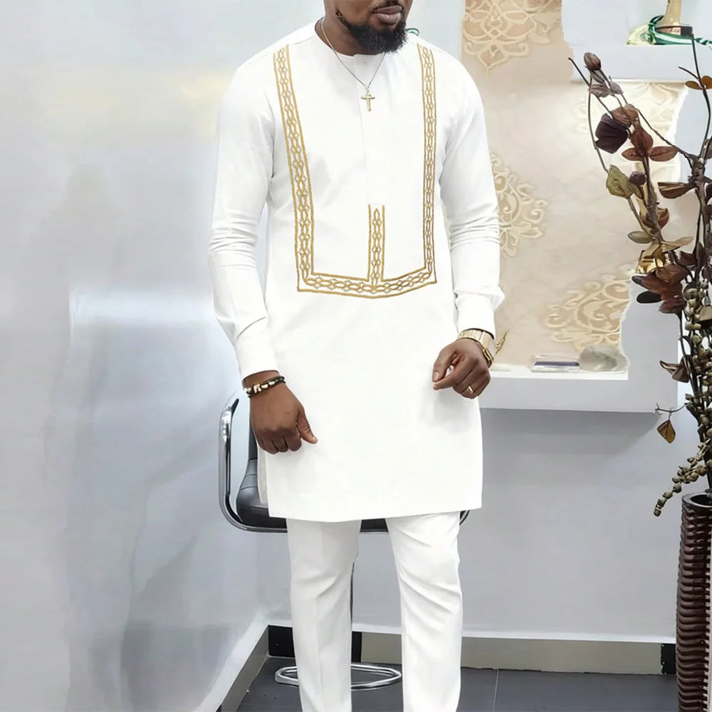 Fashionable Ethnic Embroidered Long Sleeve Long Pants Suit for Men New 2026 Style Summer Season round Neck Single Button Closure