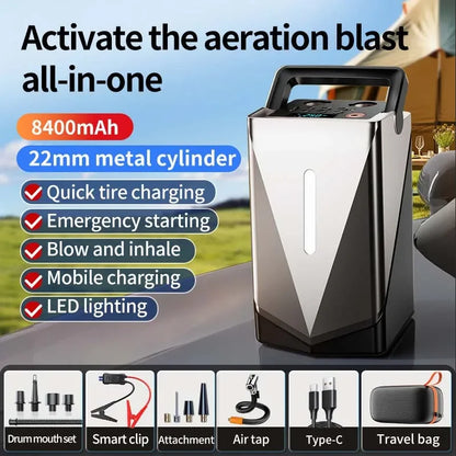 CEYYOR 5in1 12400mAh Car Jump Starter Power Bank With Air Pump Inflator/Deflator Blower Battery Booster LED Light