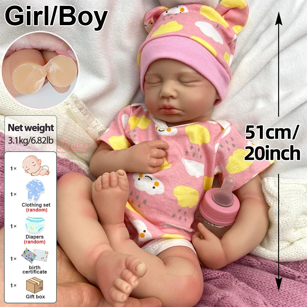 50cm Open Mouth Doll Soft Lifelike Silicone Reborn Baby Girl/Boy Loulou Waterproof Baby 3D Skin Doll Gift for Dementia Patients