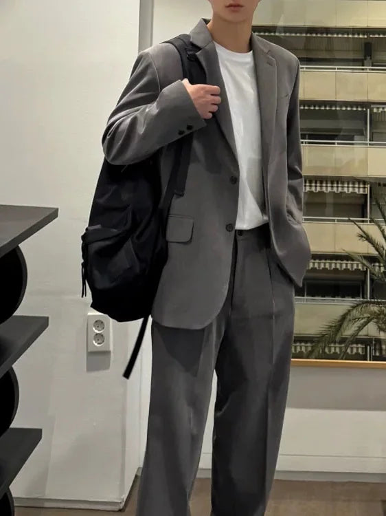 American Deep Grey Shoulder Padded Men's Casual Suit Two-Piece Set Non-Ironing Leisure Single West Casual Pants Long Pants