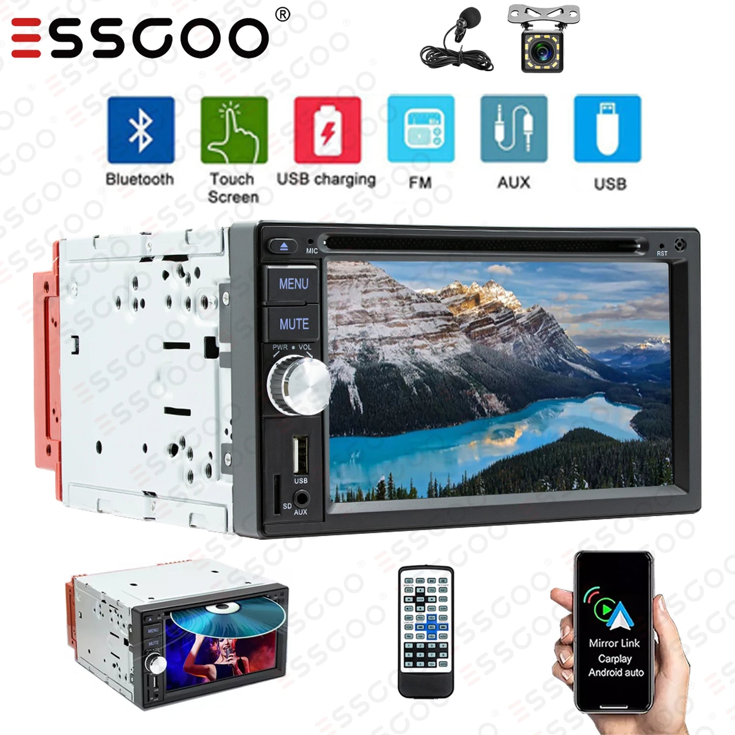 6.2" Double 2 DIN Car Stereo Radio CD DVD Player Apple Carplay & Android Auto FM/RDS HD Touch Screen Bluetooth USB TF+MIC&Camera