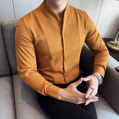 New Chinese Style V-neck Shirt Men's Long Sleeved Slim Fit Casual Business Stand-up Shirts High Quality Dress Tops Shirt 4XL-M
