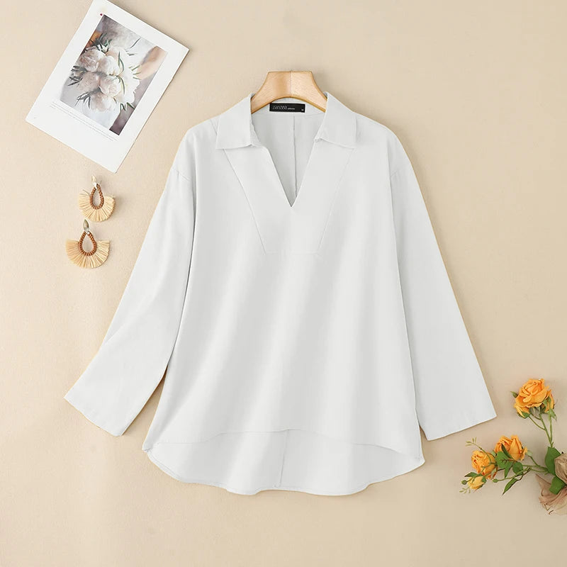 ZANZEA 2025 Autumn Women High-Low Blouses Loose V-Neck Long Sleeve Cotton Linen Fashion Blusas Mujer Everyday Casual Solid Tops