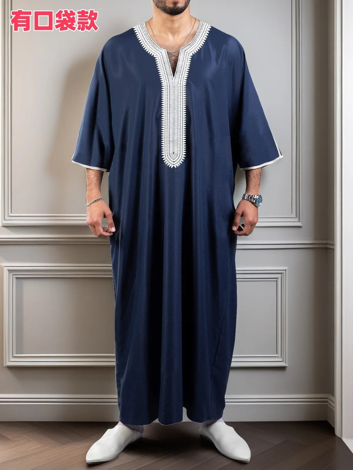 2026 New Model Men's Clothing With Embroidered Mid-sleeves And Side Pockets Robe Abaya Ramadan Dubai Luxury Islam Elegant