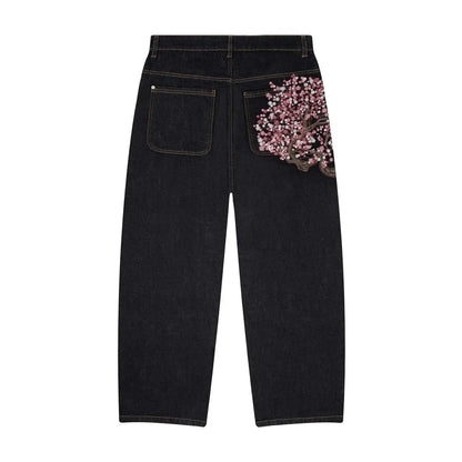 Y2K Baggy Jeans Cherry Blossom Embroidery Denim Pants Men Women American Hiphop Streetwear Wide Leg Denim Trousers