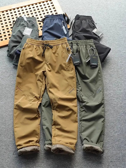 Men's Winter Outdoor Thickened Fleece Lined Windproof Water Resistant Double Layer Cotton Pants Straight Leg Casual Trousers