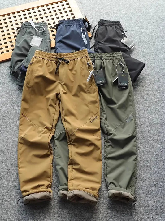 Men's Winter Outdoor Thickened Fleece Lined Windproof Water Resistant Double Layer Cotton Pants Straight Leg Casual Trousers
