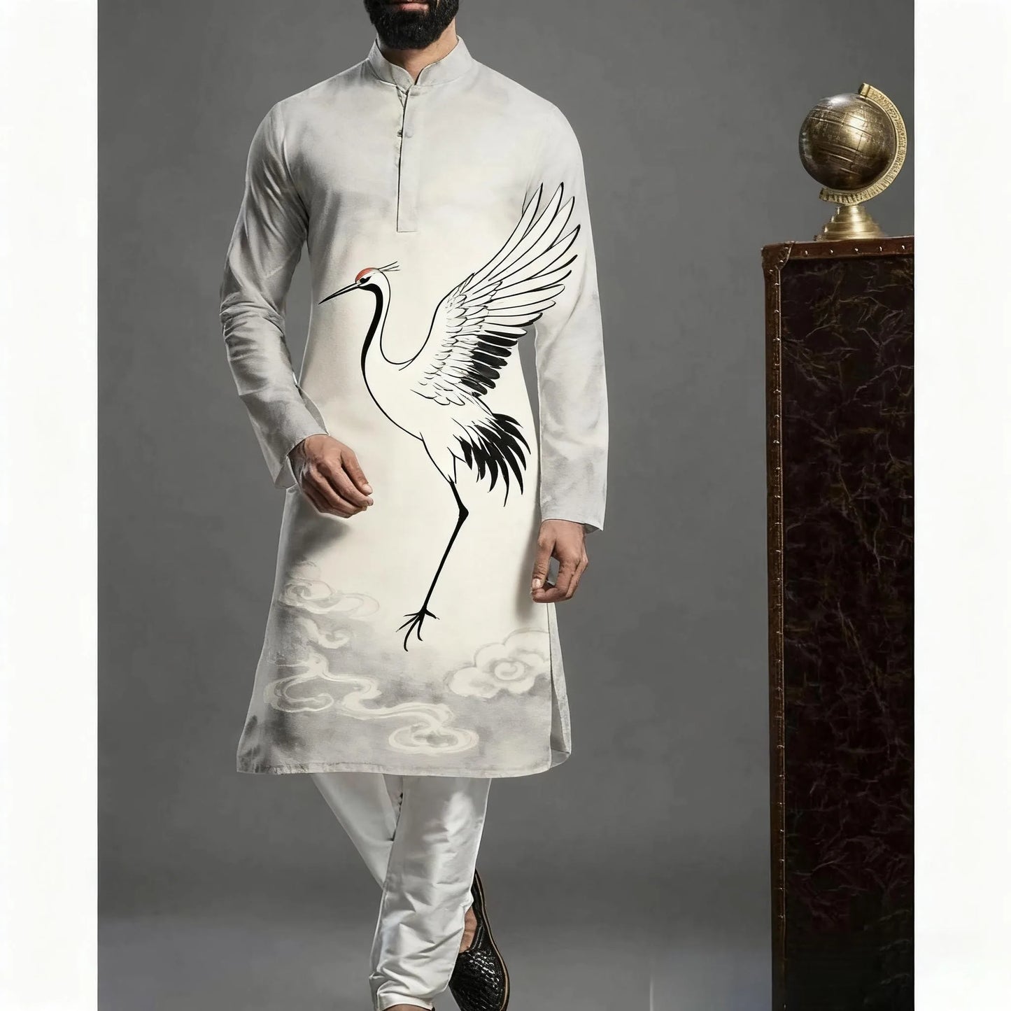 Muslim Kurtta Shirt Men Clothes Folk Kaftan Musulman Kurta Indian Islamic Clothing National Printed Long Sleeve Shirts