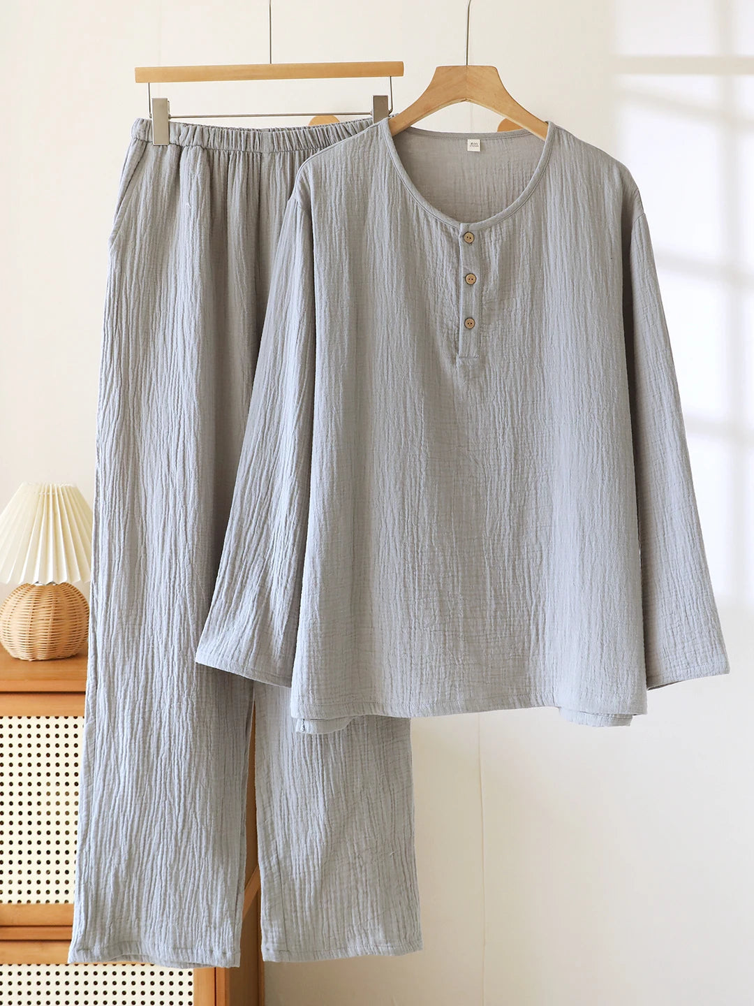 100% Pure Cotton Sleepwear Long Sleeve round Neck Hooded Home Clothes Set for Men Double Layer Gauze Spring Autumn New Style