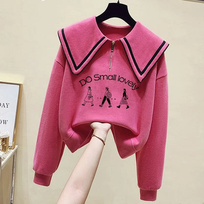 Teenage Girl's Fleece Lined Thickened Navy Collar Sweatshirt Small Size Winter Fashionable Clothing School Sweet Style Zipper