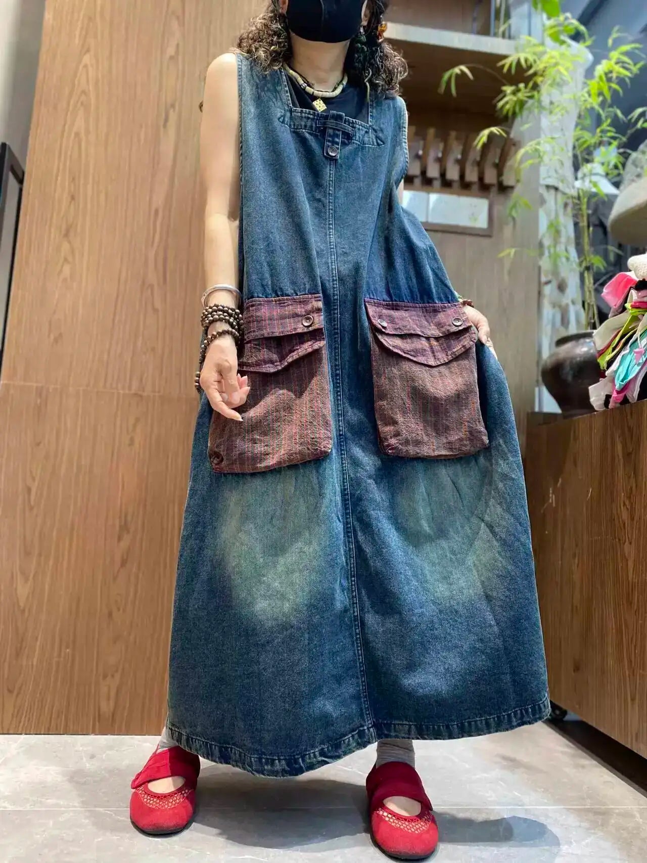 Color-blocked Large Pocket Denim Dress Women Sleeveless Suspender Tank Dress XY326