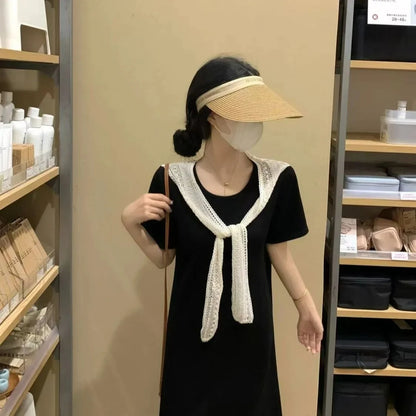 Naval Collar Lace Trim Slimming Long Dress French Style Loose Fit Mommy's Summer Dress mid Waist Design Casual  Knot