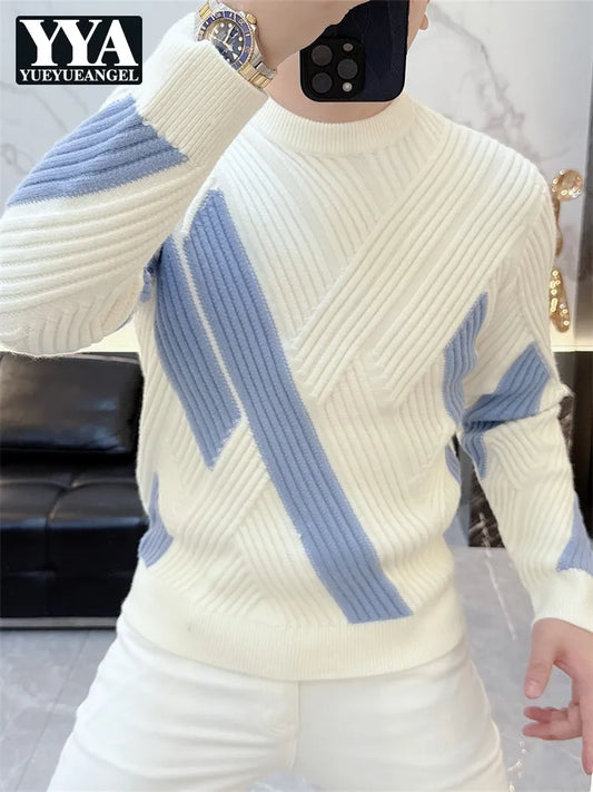 Men New Winter Knitwear Mixed Colors Long Sleeve Thicken Warm Woolen Sweater Mens Slim Fit O Neck Fashion Pullover Knitted Tops