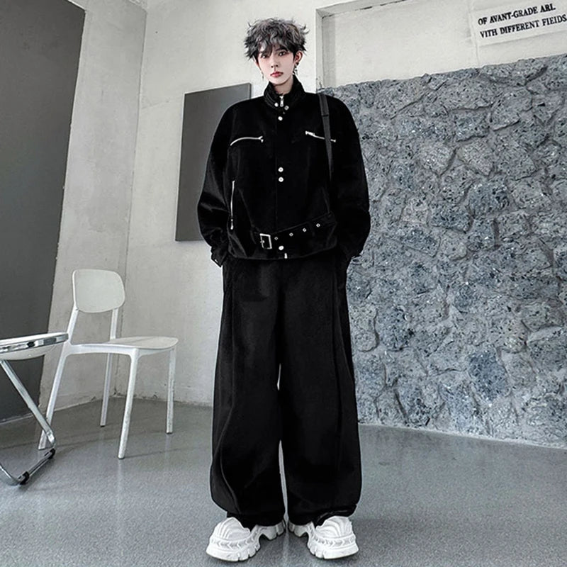 LUZHEN 2025 Winter Handsome Two-piece Sets Solid Color Streetwear Men Belt Decorate Stand Neck Jacket Baggy Casual Pants JY4852