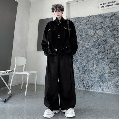 LUZHEN 2025 Winter Handsome Two-piece Sets Solid Color Streetwear Men Belt Decorate Stand Neck Jacket Baggy Casual Pants JY4852