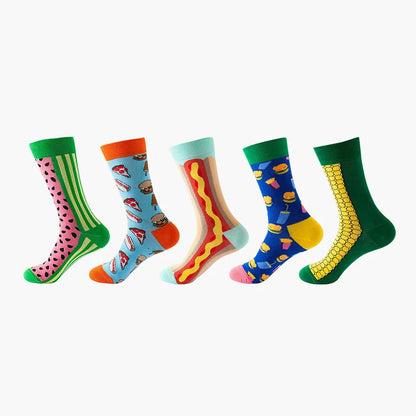5 Pairs Fruit Print Socks Mid-Calf Funny Food Design Pineapple Watermelon Cotton Socks for Men Women Couple EU 37-45 US 6-12