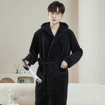 Couple's Thickened Coral Fleece Sleepwear Robe Winter Home Clothes Men's Long Coat Style Hat with Polyester Fabric
