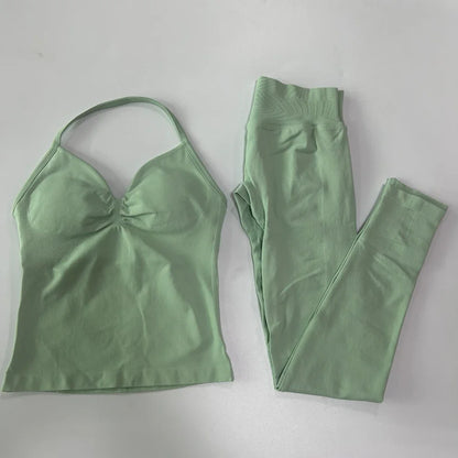 2 Pieces Sports Set Women Backless Tank Yoga Tops High Waist Scrunch Seamless Shorts Sport Gym Set Sportswear Workout Set
