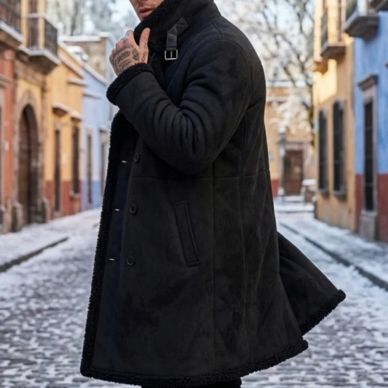 Men’s Winter Fleece-Lined Jacket Thickened Faux Fur Windproof Coat Double-Breasted Belted Trench  Outdoor Hunting Hiking Male