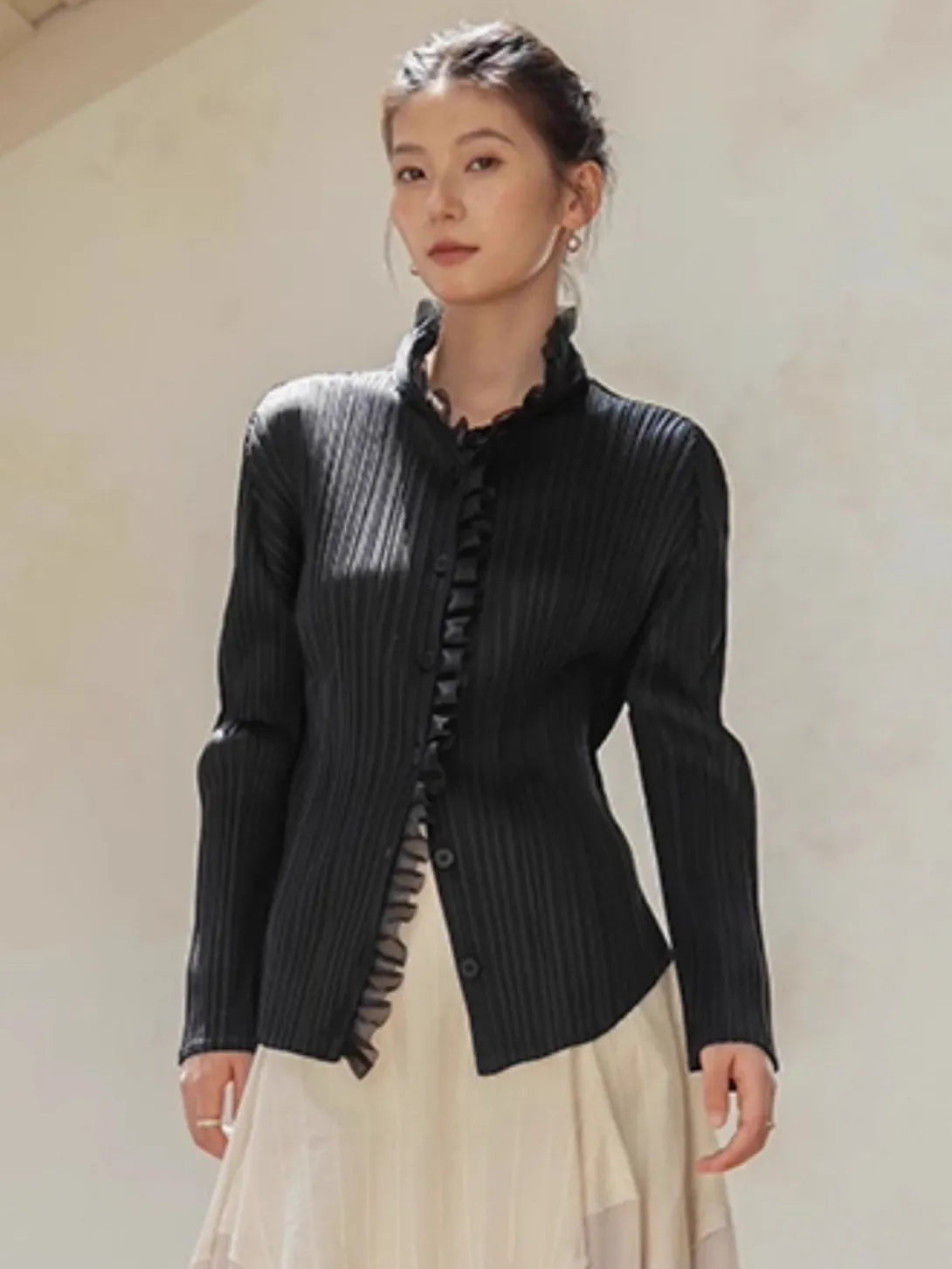 Pleated Women's Solid Shirt High Stretch Standing Lapel Single Breasted Cardigan 2025 Autumn New Long Sleeve Mullet Lace Shirt
