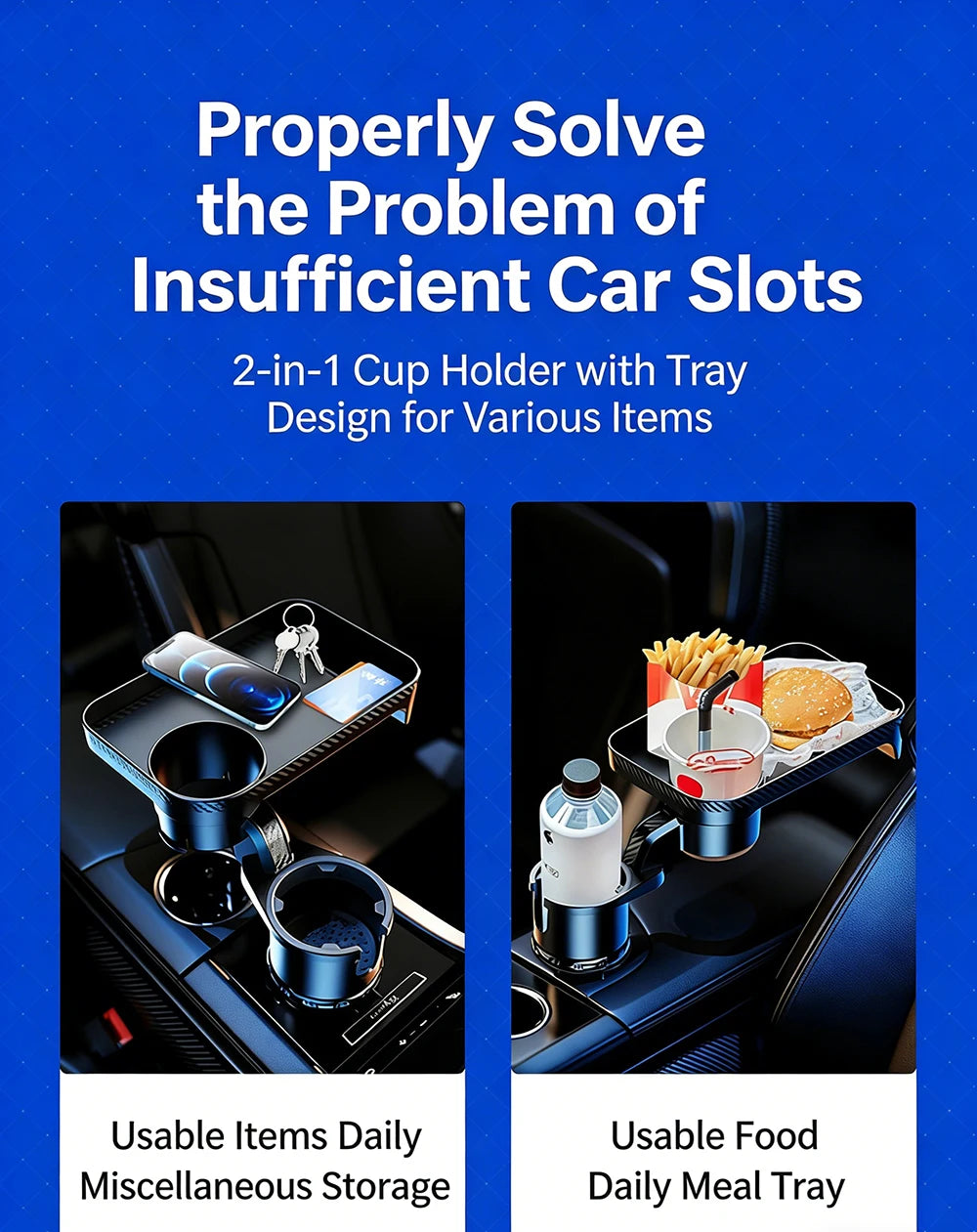 Car Cup Holder Expander Multi-Function Drink Holder with Food Table 360-Degree Adjustable Base Tray for Snack