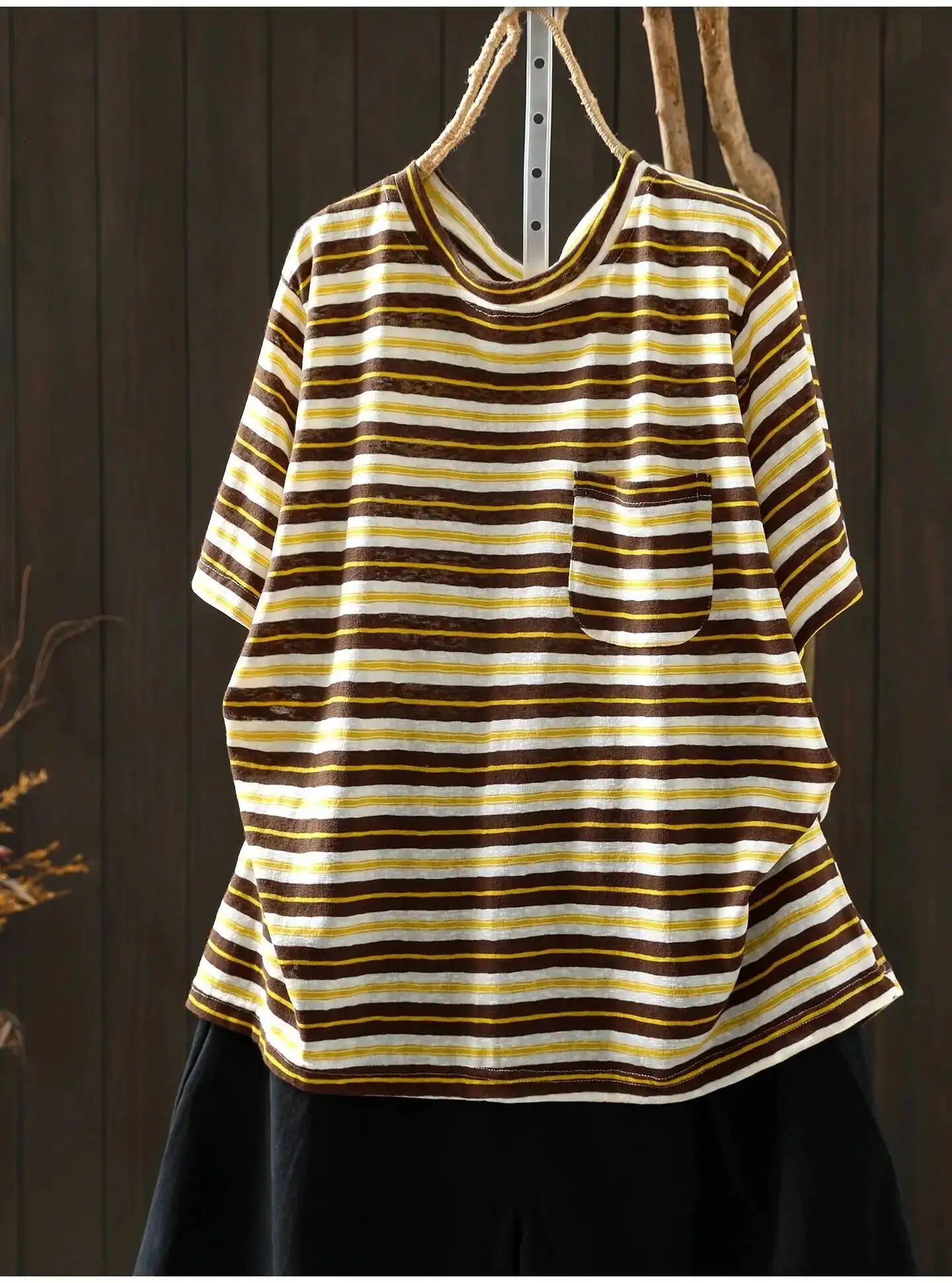 Women Summer Short-sleeve T-shirt 2026 Summer New Stylish Striped Single-pocket Loose T-shirt ZXY154