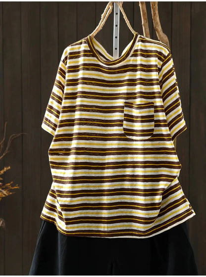 Women Summer Short-sleeve T-shirt 2026 Summer New Stylish Striped Single-pocket Loose T-shirt ZXY154