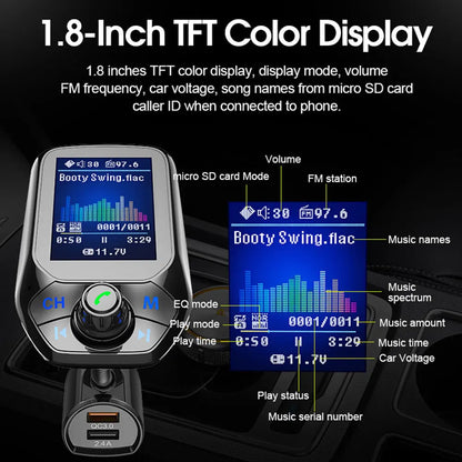 Bluetooth FM Transmitter Handsfree 1.8'' TFT Display Car radio MP3 Music USB SD EQ Player Built-in Mic Quick Charge 3.0 Adapter