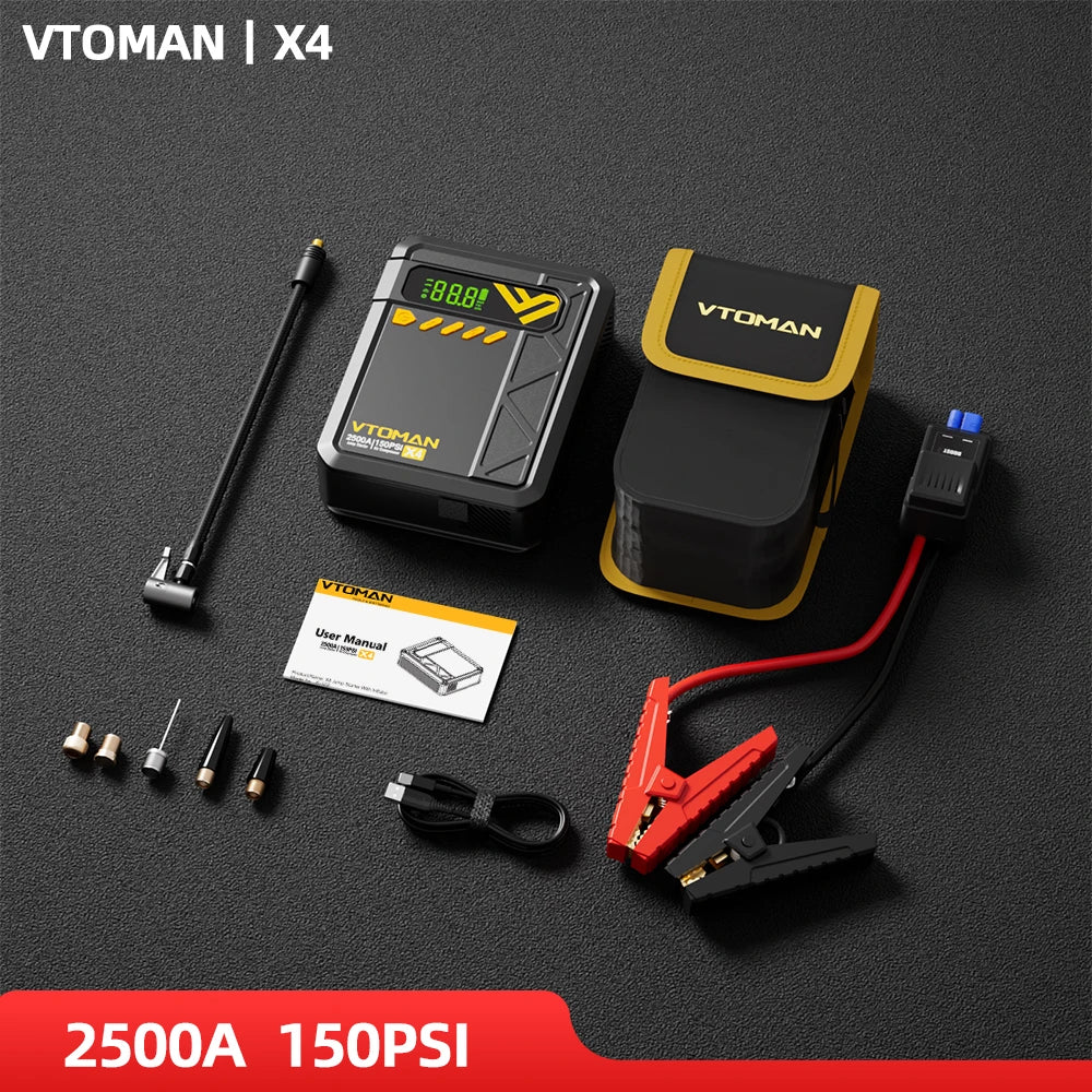 VTOMAN X4 Car Jump Starter 2500A Car Power Bank 4 In 1 with Portable Air Compressor Car Starter Booster for 8.5L Gas/6.0L Diesel