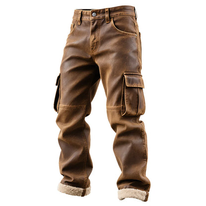 2026 European Size Men's Retro Brown Leather Cargo Pants, PU Leather Straight Leg Casual Pants Baggy Hosen Men Clothing