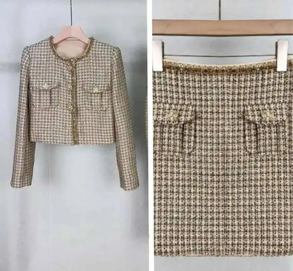 Autumn Winter Small Fragrant Style Gold Plaid Coarse Knitted Two Piece Set Women Suit Coat Tweed Jackets Midi Long Skirts Sets