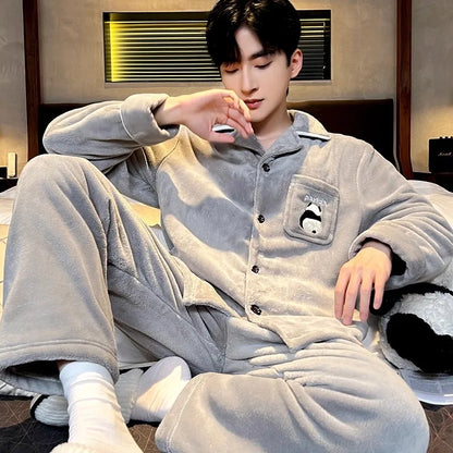 Men's Sleepwear Coral Fleece Flannel Thick Warm Cardigan Home Clothes Autumn Winter Long Sleeve Button up Comfortable Pajamas
