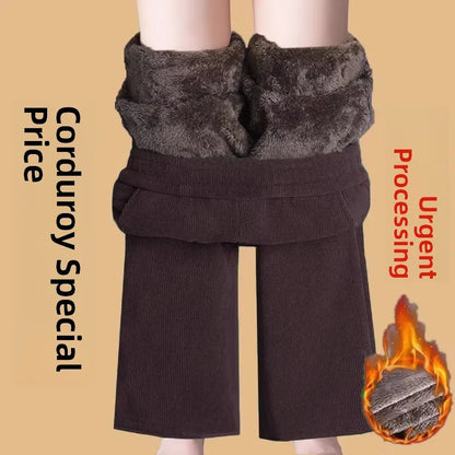 Thickened Fleece Lined Corduroy Straight Leg Casual Pants Women's High Waist Elastic Waist Warm Trousers Autumn Winter New Style