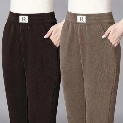 Autumn Winter Thickened Fleece Harlan Pants Women's Loose Casual Straight Leg Pants with Pockets Polyester Fiber Long Trousers