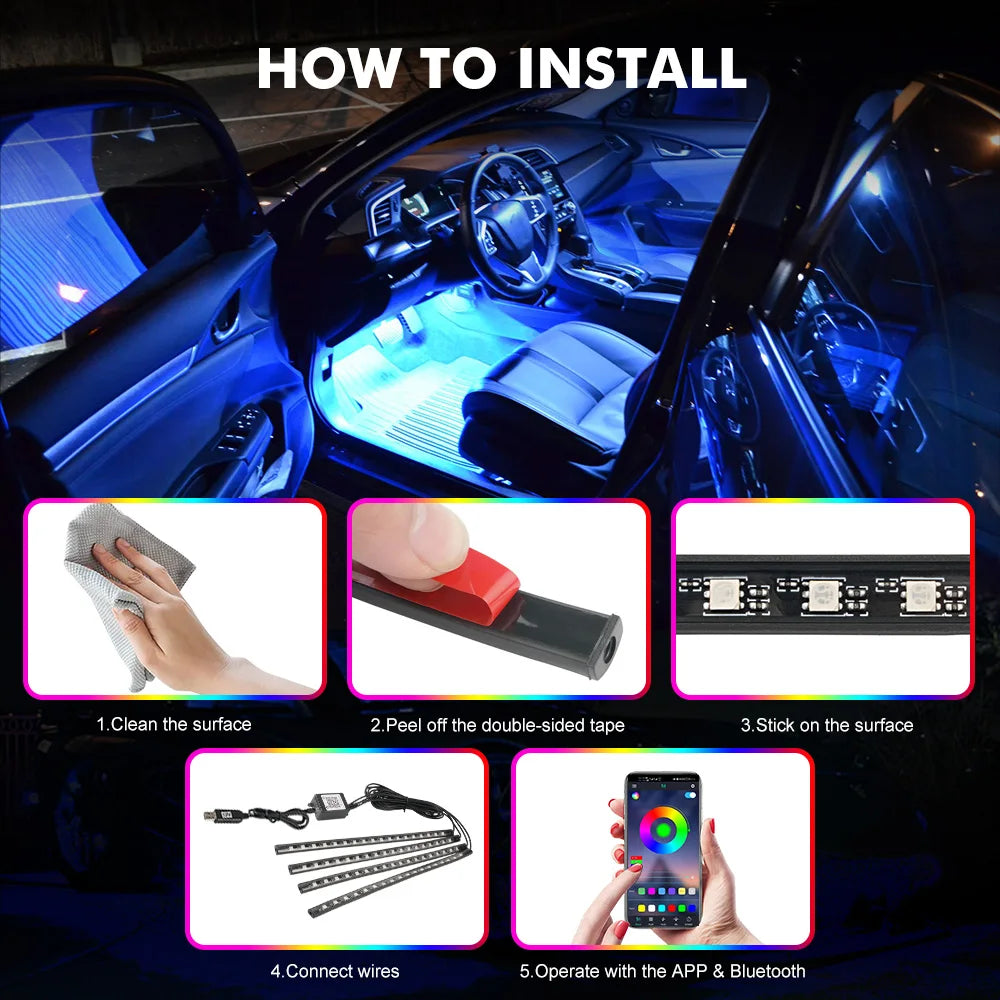 BEVINSEE 36 LED RGB Car Interior Ambient Light 4-in-1 LED Strips Multi-color APP Control Atmosphere Lighting Cigarette Plug 12V