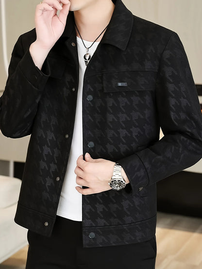 Houndstooth Business Men's Leather Jacket Pu Lapel Multi-Flap Pocket Pants