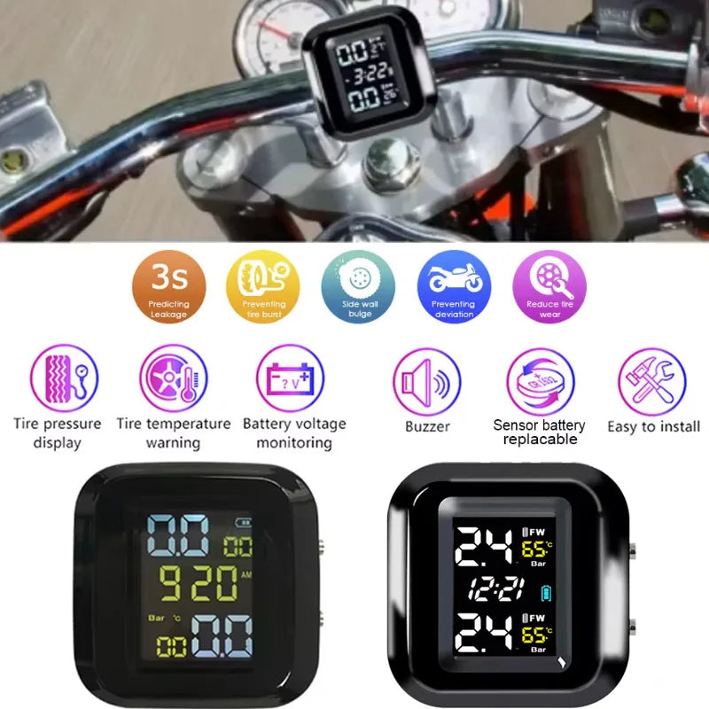 Motorcycle Tire Pressure Monitor Digital Display External Motorcycle Wireless Tire Pressure Detector With 2 External Sensors