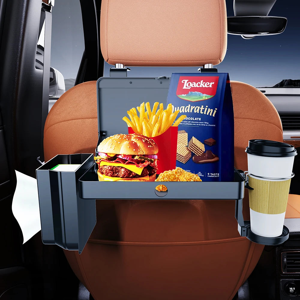 Lrbh Premium Plastic Rear Seat Organizer, with Foldable Tray, Dual Cup Holders, Phone Slot, and Large Storage Space, Easy to Install Vehicle Seat Back Accessories
